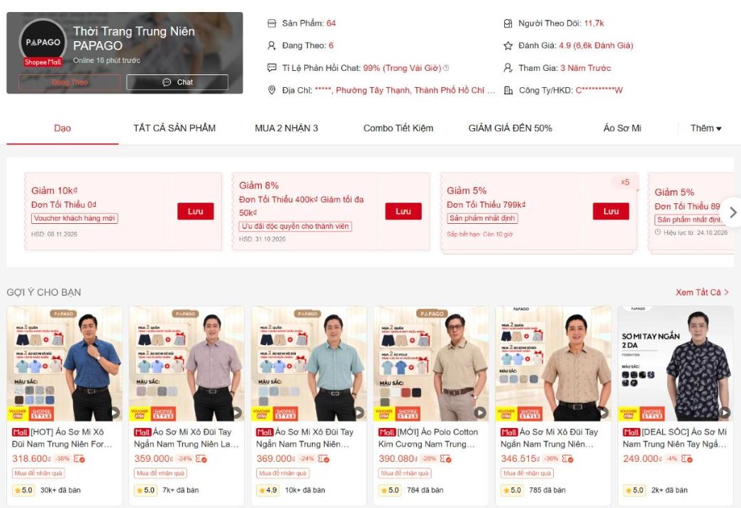 Gian hàng Shopee Mall PAPAGO: 11,7k người theo dõi, đánh giá 4.9, voucher và mua 2 nhận 3