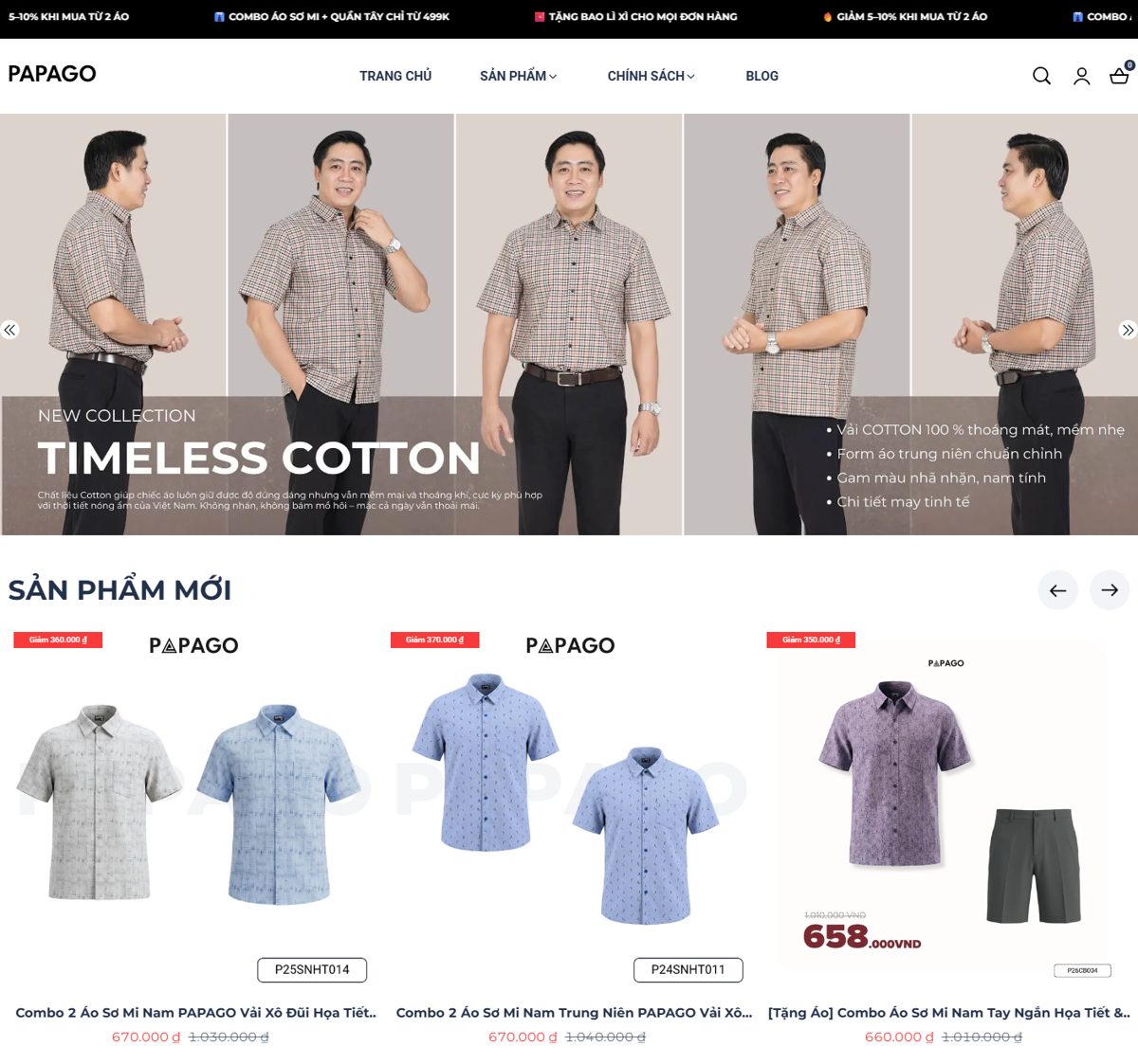 Trang chủ website papago.vn: thanh khuyến mãi, banner bộ sưu tập, sản phẩm mới với giá combo