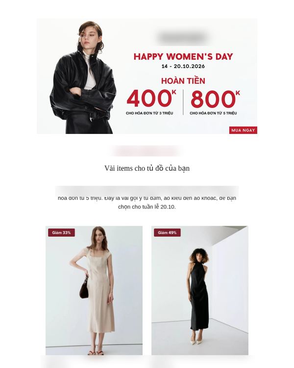 Email khuyến mãi thương hiệu với banner, ưu đãi và lưới sản phẩm